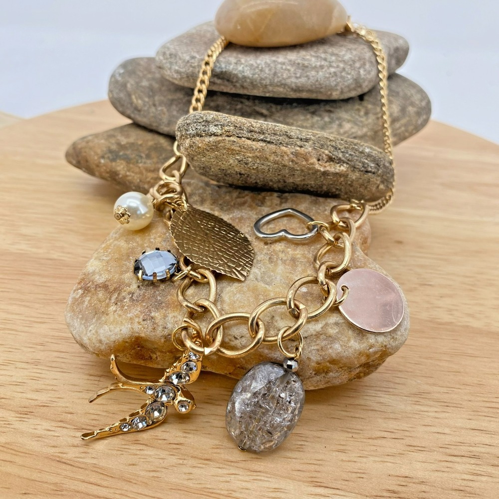Gold Tone Multi Charm Necklace Bird Leaf Pearl Rhinestone Oval Link Chain 15-18"